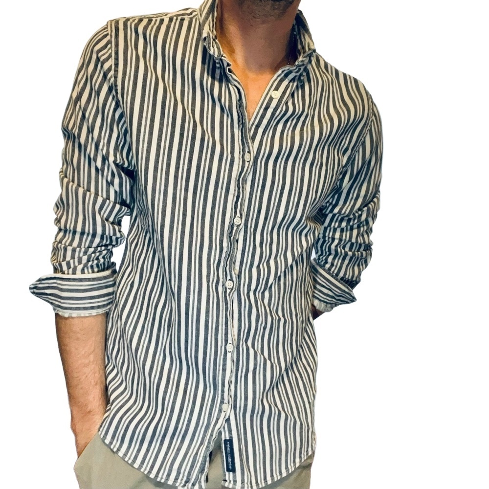 ZARA Mens Dark White Vertical Striped Long Sleeve Collared Shirt Size Medium